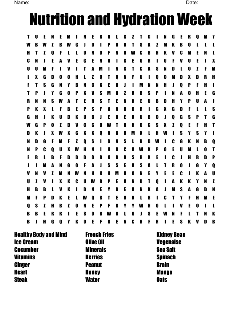 Nutrition And Hydration Week Word Search WordMint