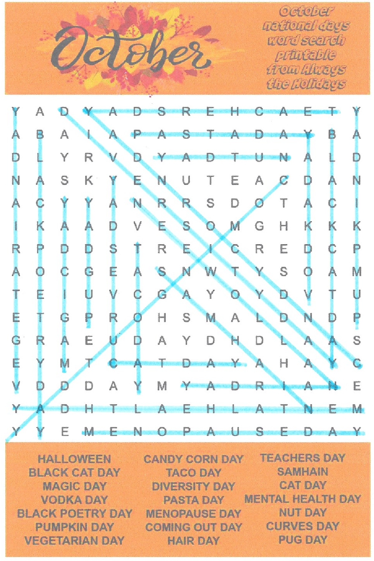 October Word Search Printable National Days Word Find Puzzle