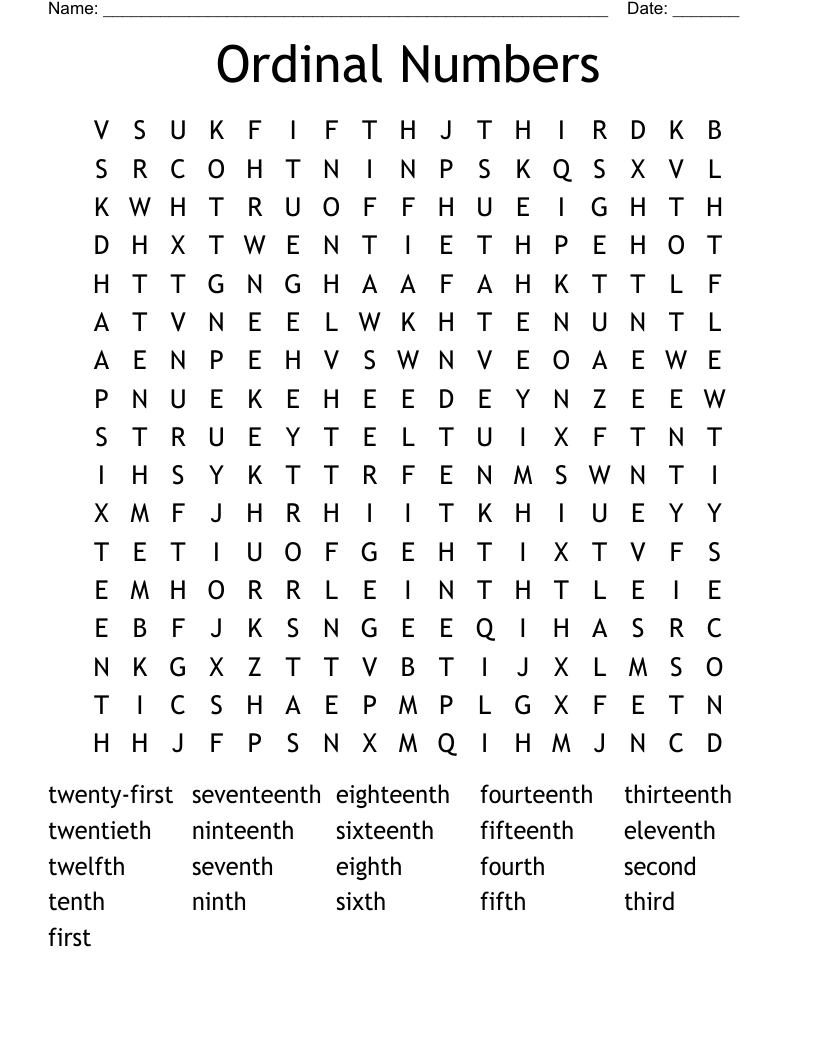 Ordinal Numbers Word Search WordMint