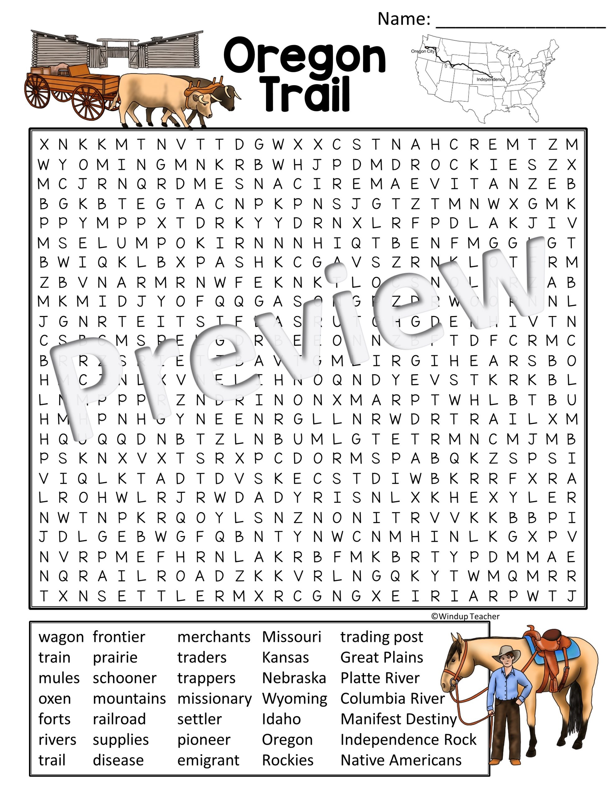 Oregon Trail Word Search Activity Printable Hard For Grades 5 To Adult Made By Teachers