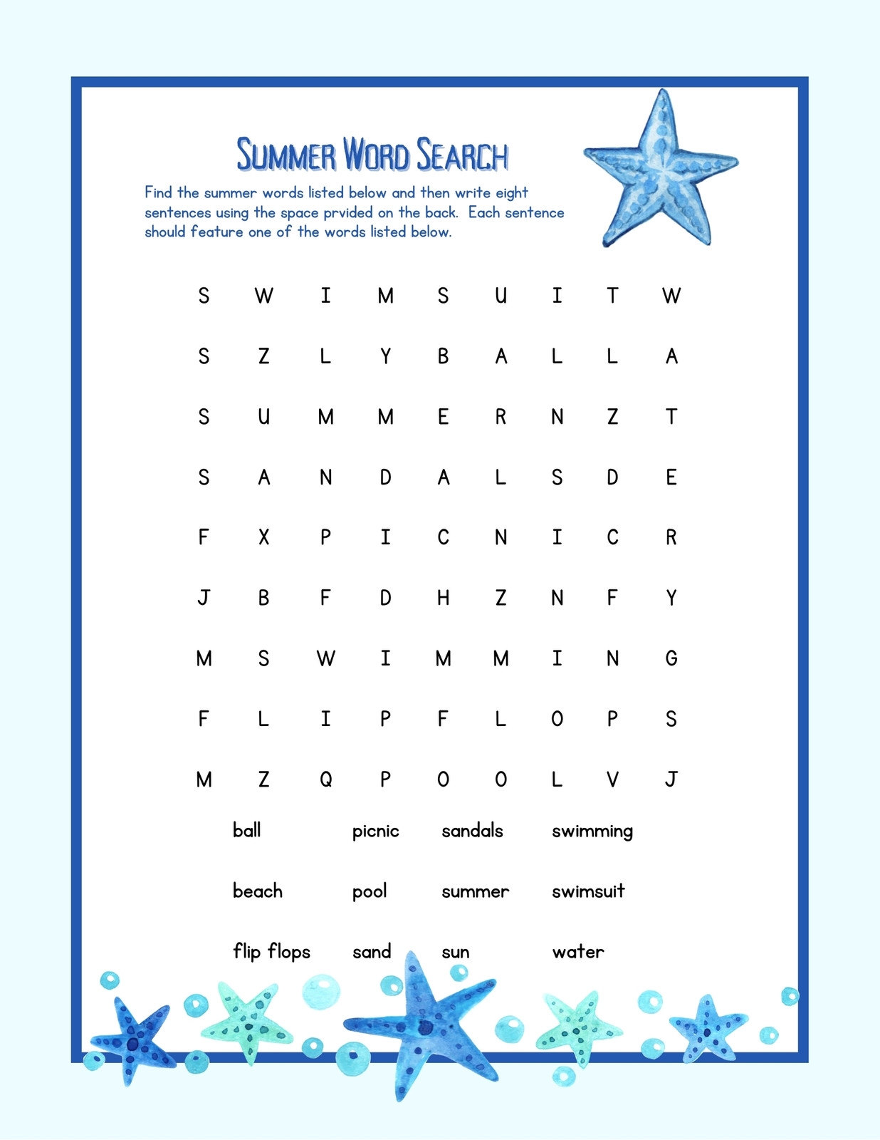 Printable Large Print Summer Word Search