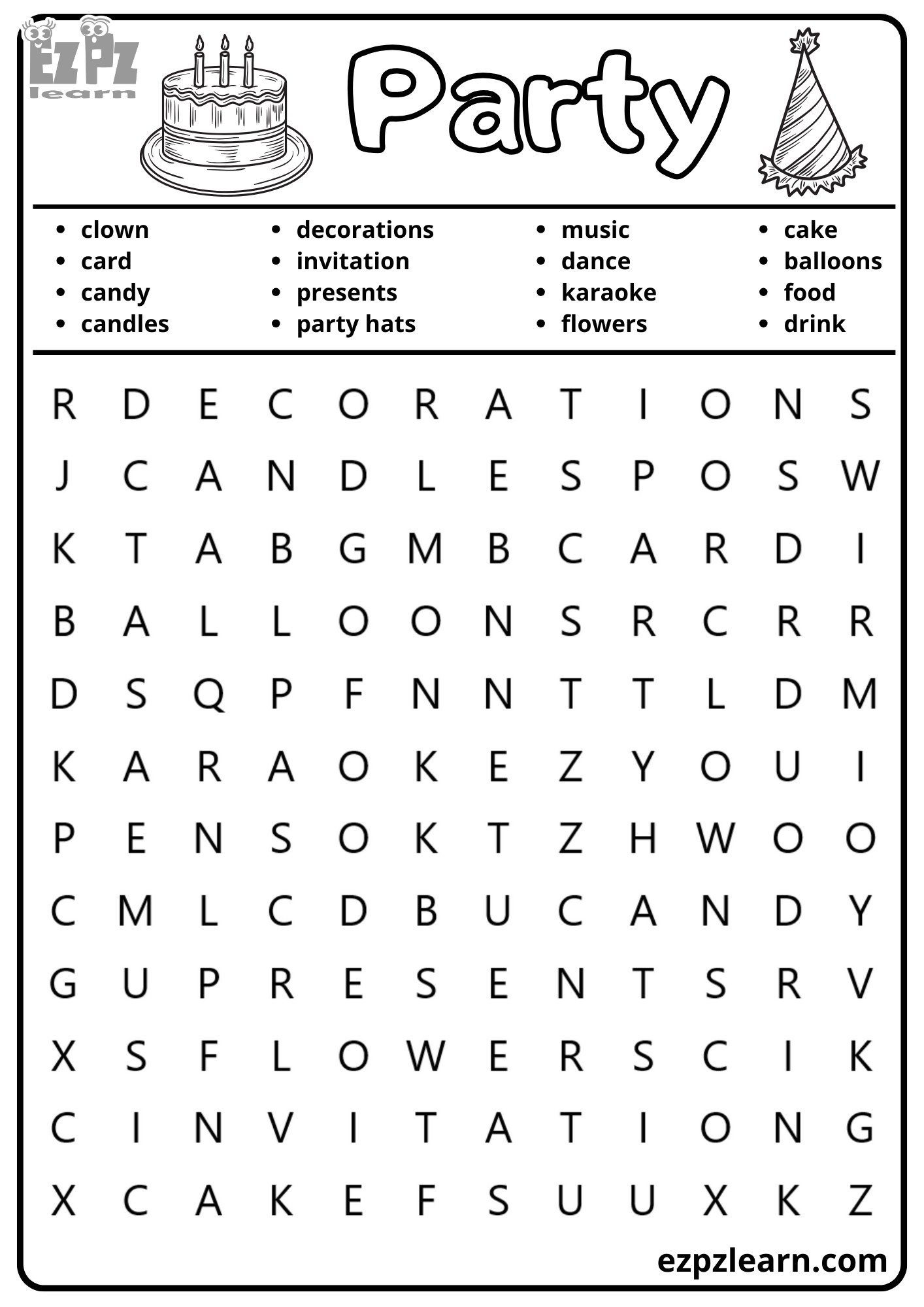 Party Vocabulary Word Search For Kids And ESL Students Free Printable PDF Download Ezpzlearn