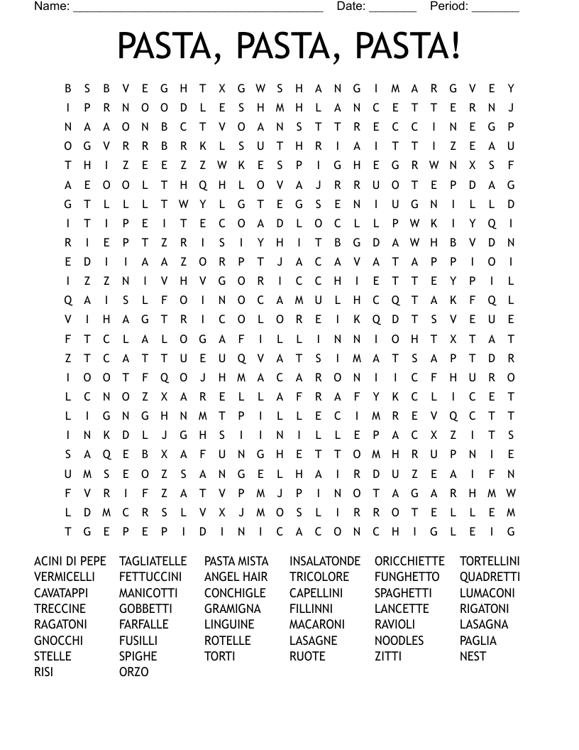 PASTA PASTA PASTA Word Search WordMint