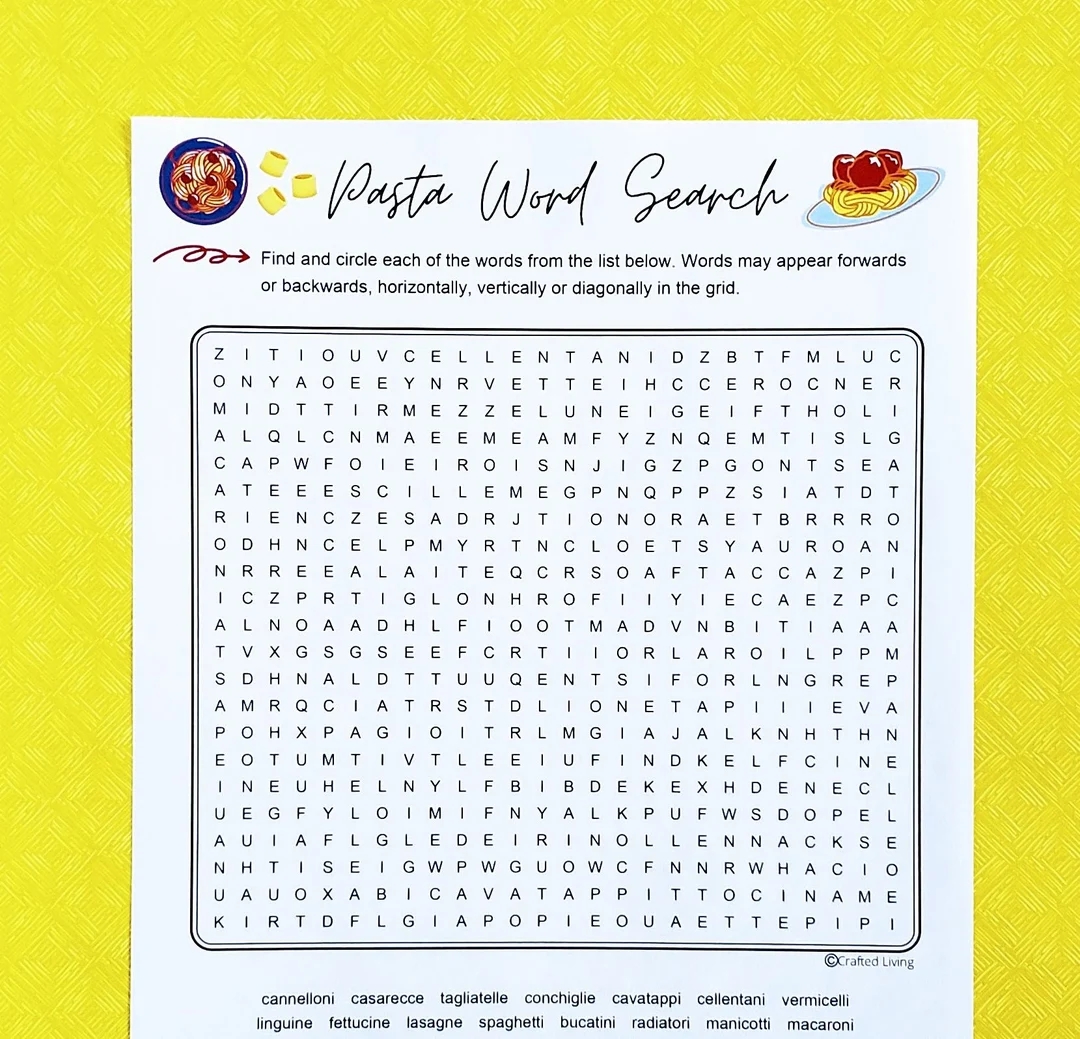 Pasta Printable Word Search Food Word Puzzle Party Game Brain Teaser Game Classroom Home School Family Activity Vocabulary Game Etsy