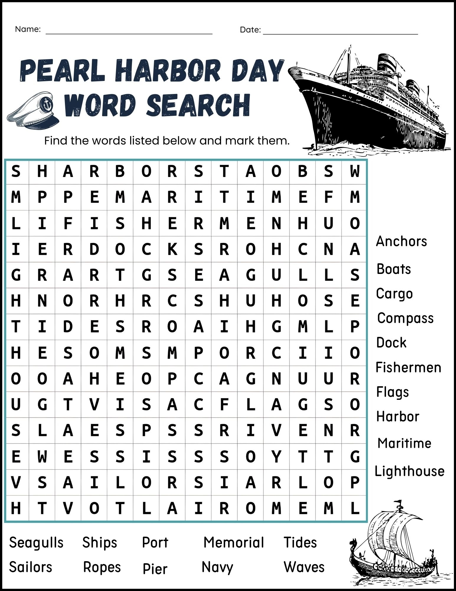 Pearl Harbor Word Search Printable