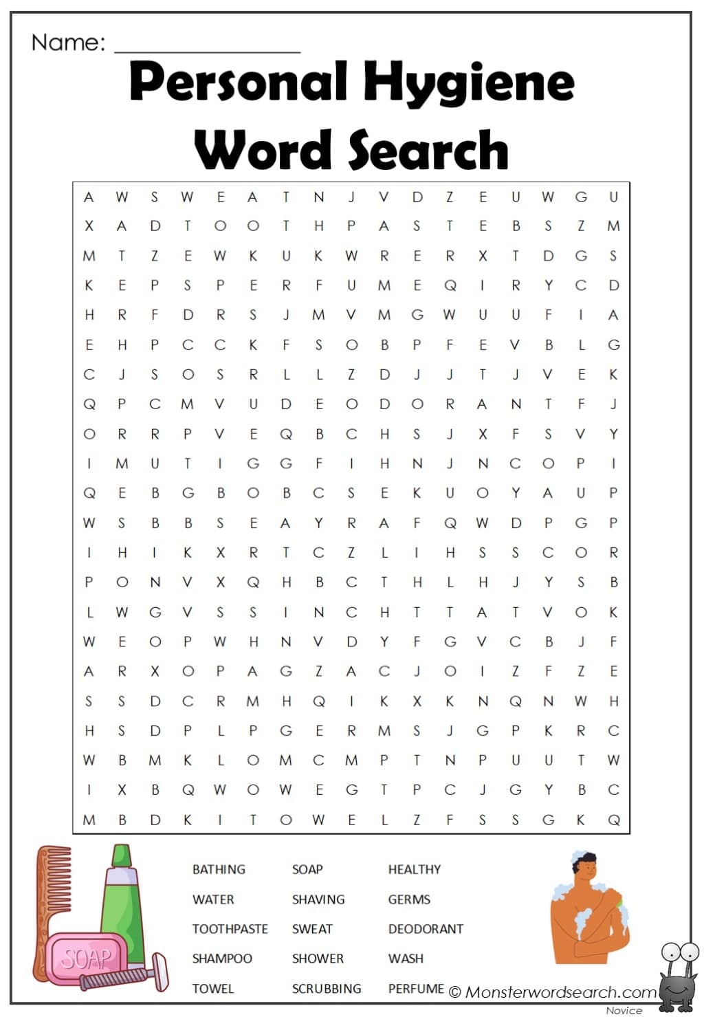 Personal Hygiene Word Search Monster Word Search