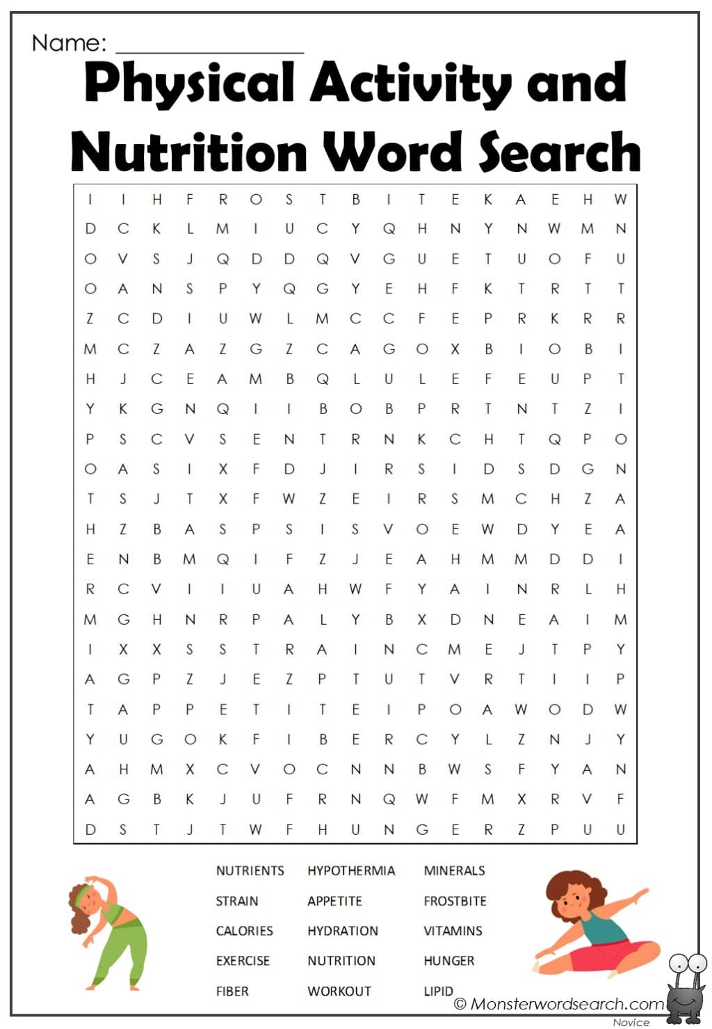 Physical Activity And Nutrition Word Search 2 Monster Word Search