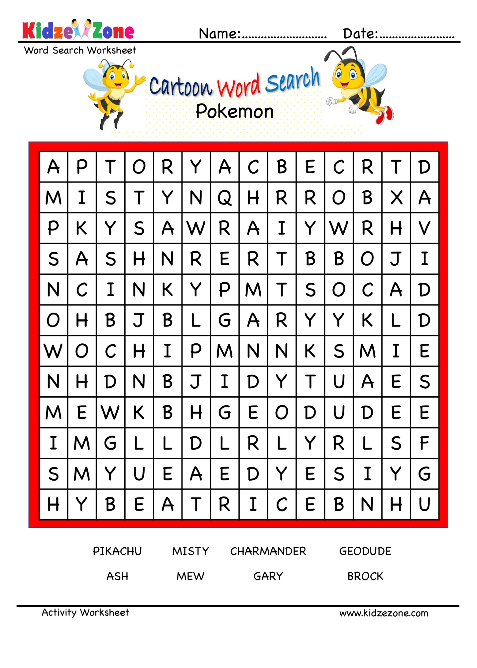 Printable Kid Word Search Pokemon