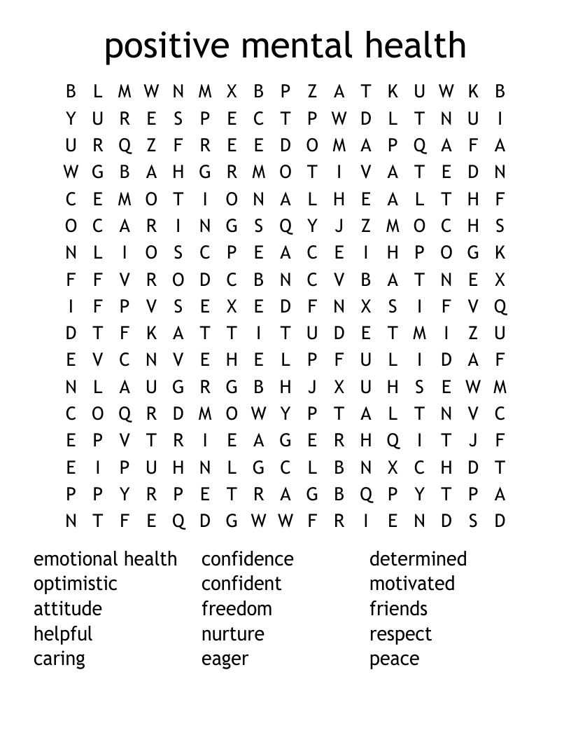 Positive Mental Health Word Search WordMint