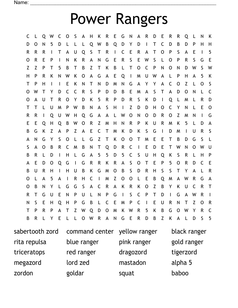 Power Rangers Word Search WordMint