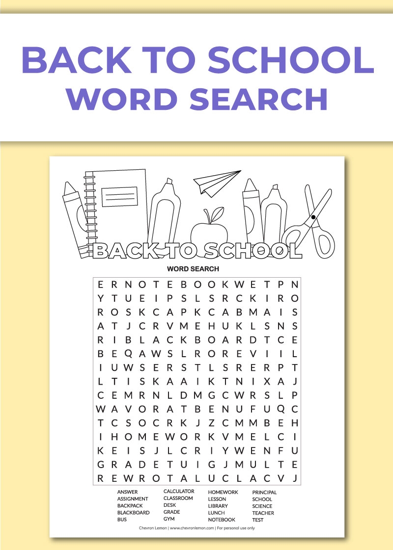 Printable Back To School Word Search Chevron Lemon
