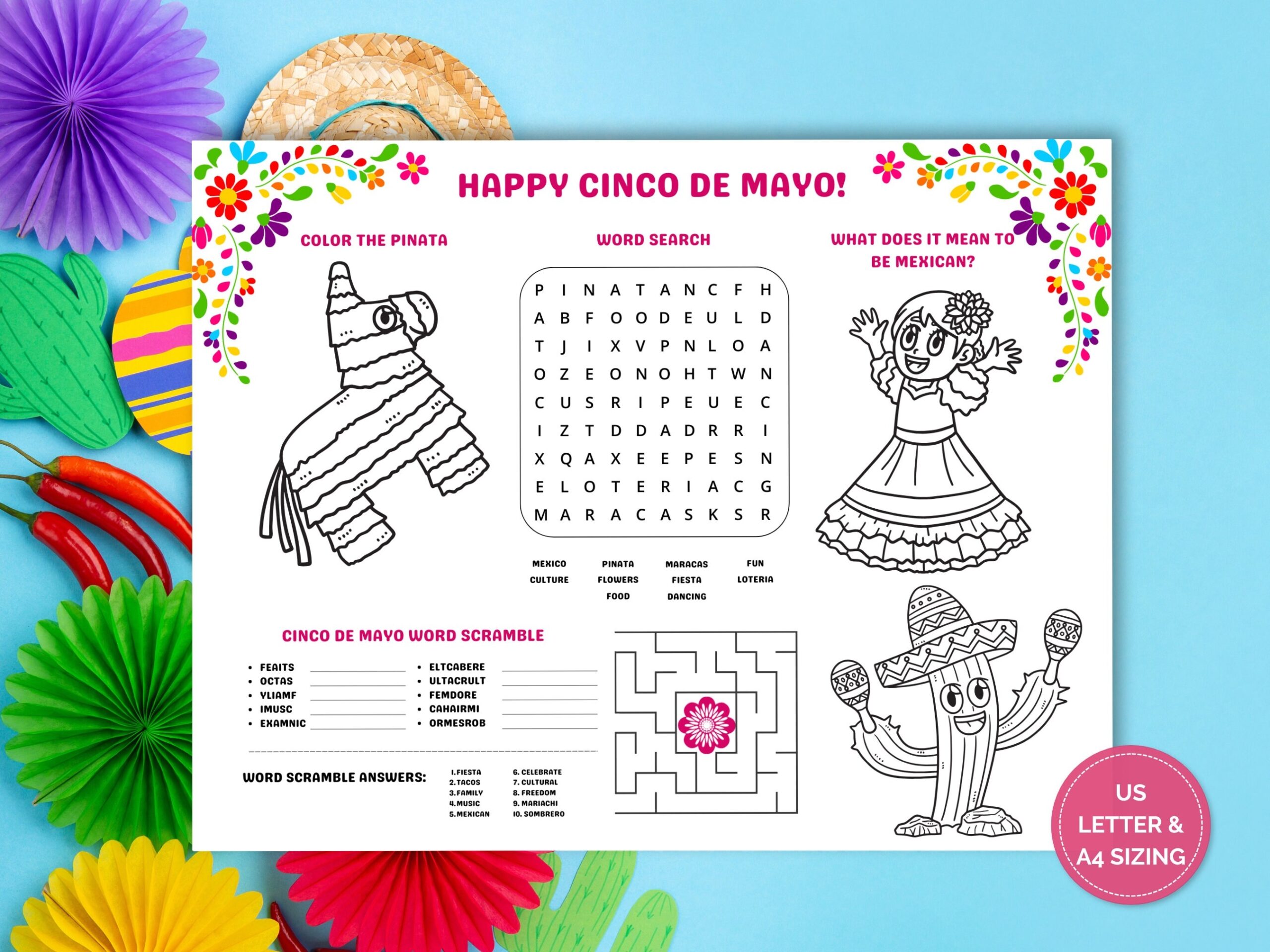 Printable Cinco De Mayo Activity Paper Placemat Fiesta Party Games Fun Etsy