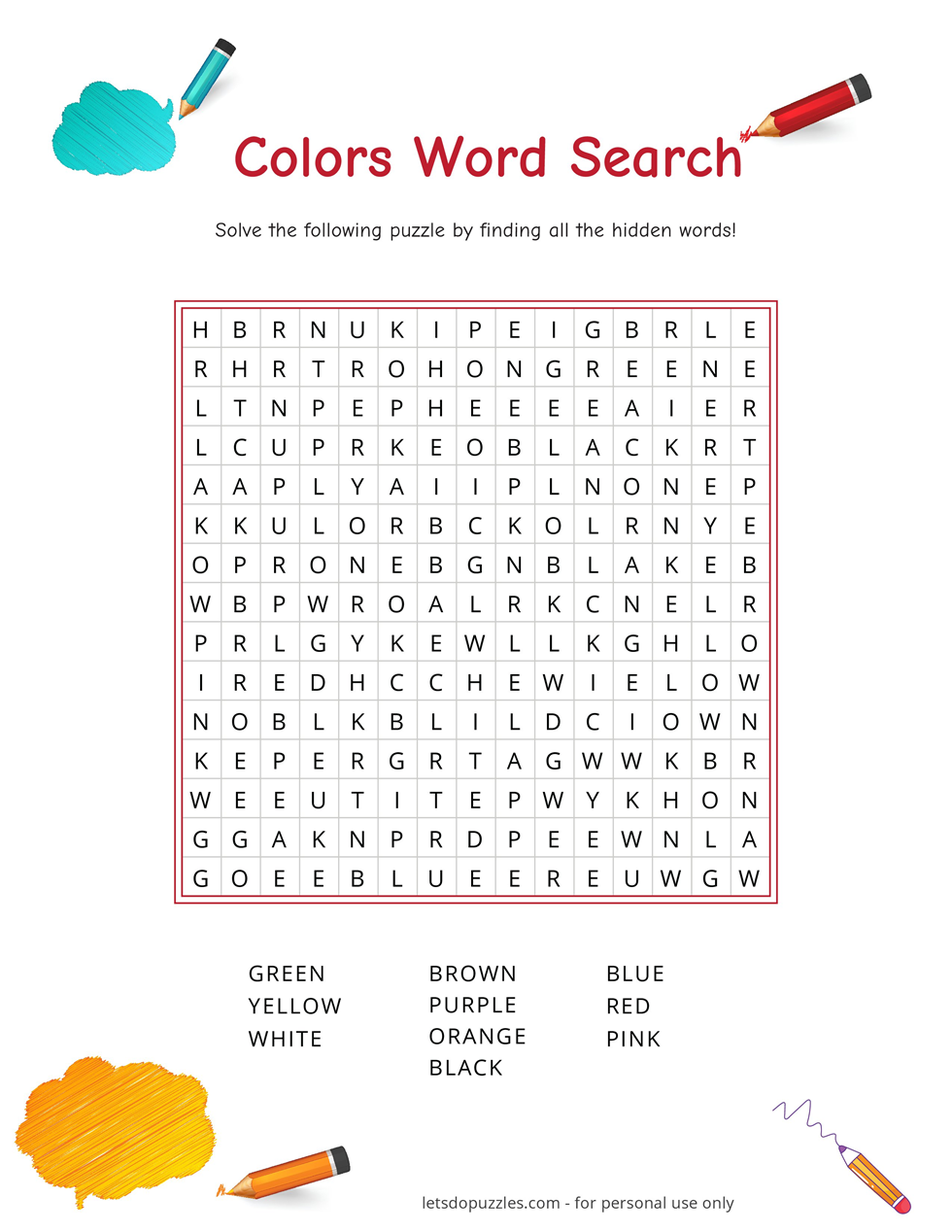 Printable Colors Word Search Worksheets Library