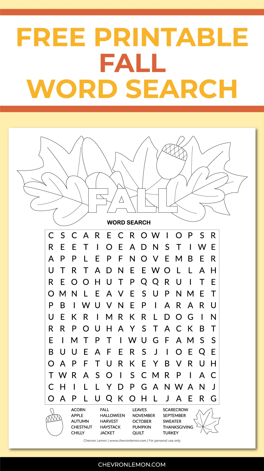 Printable Fall Word Search Chevron Lemon