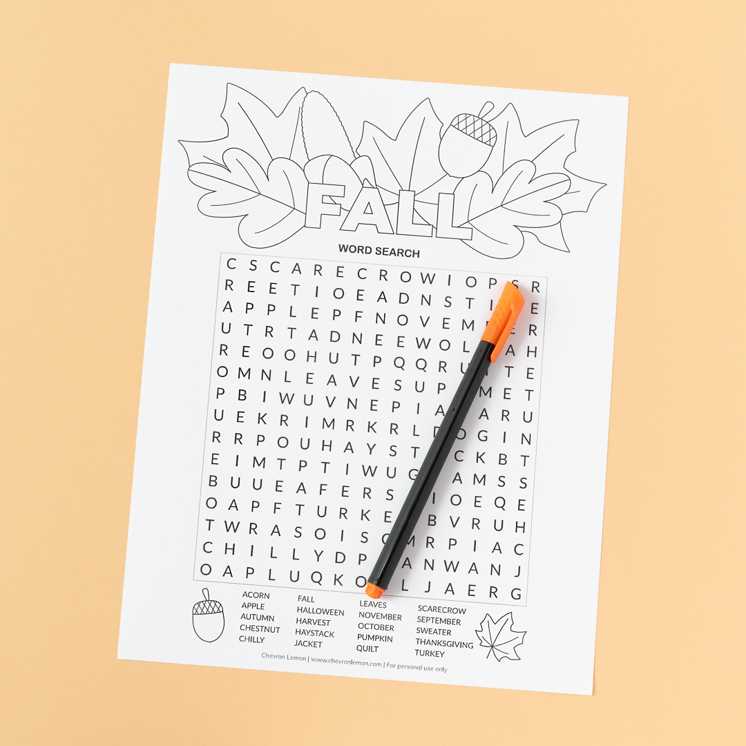 Printable Fall Word Search Chevron Lemon
