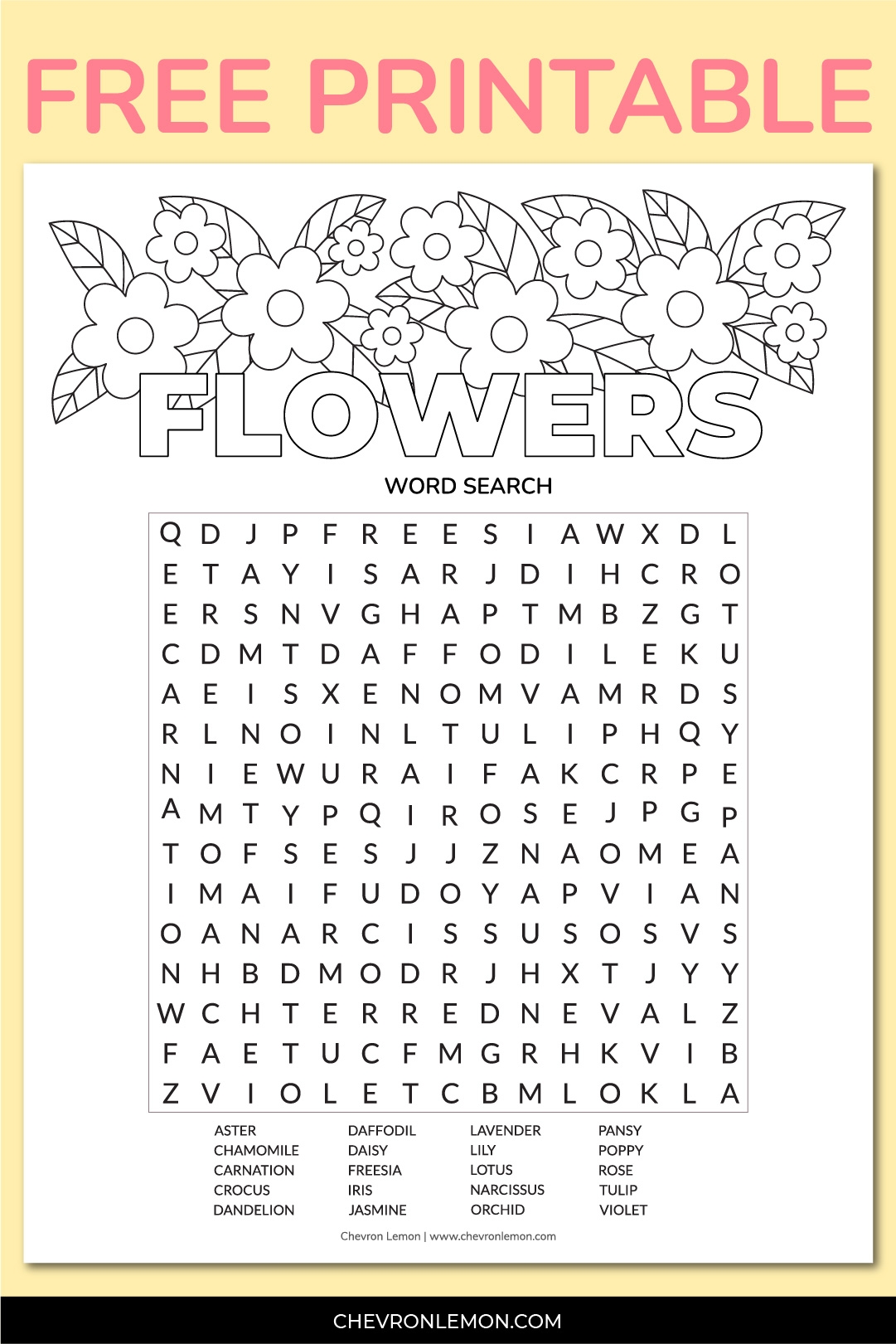 Printable Flower Word Search Chevron Lemon