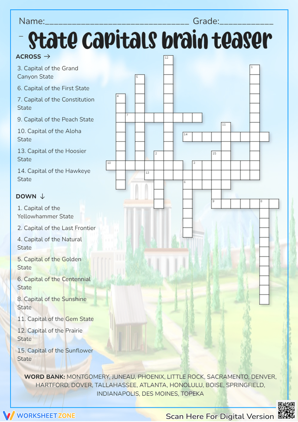 Printable Grade 1 State Capitals Crossword Worksheets