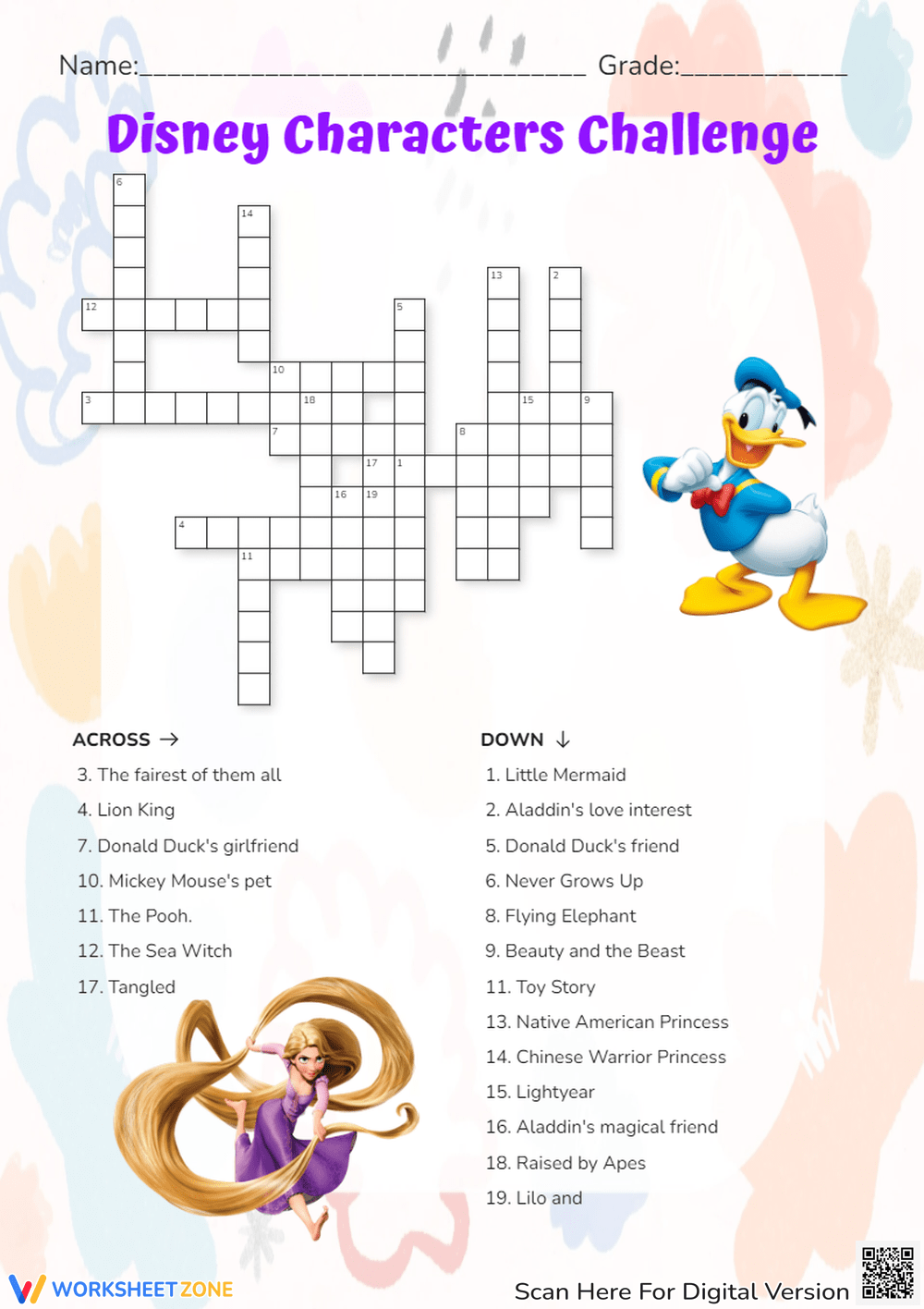 Printable Grade 3 Disney Crossword Puzzles Worksheets