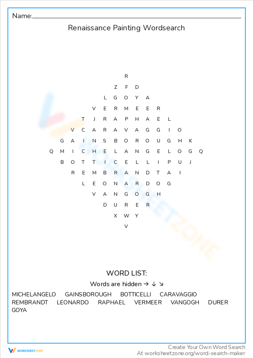 Printable Grade 3 Renaissance Word Search Worksheets