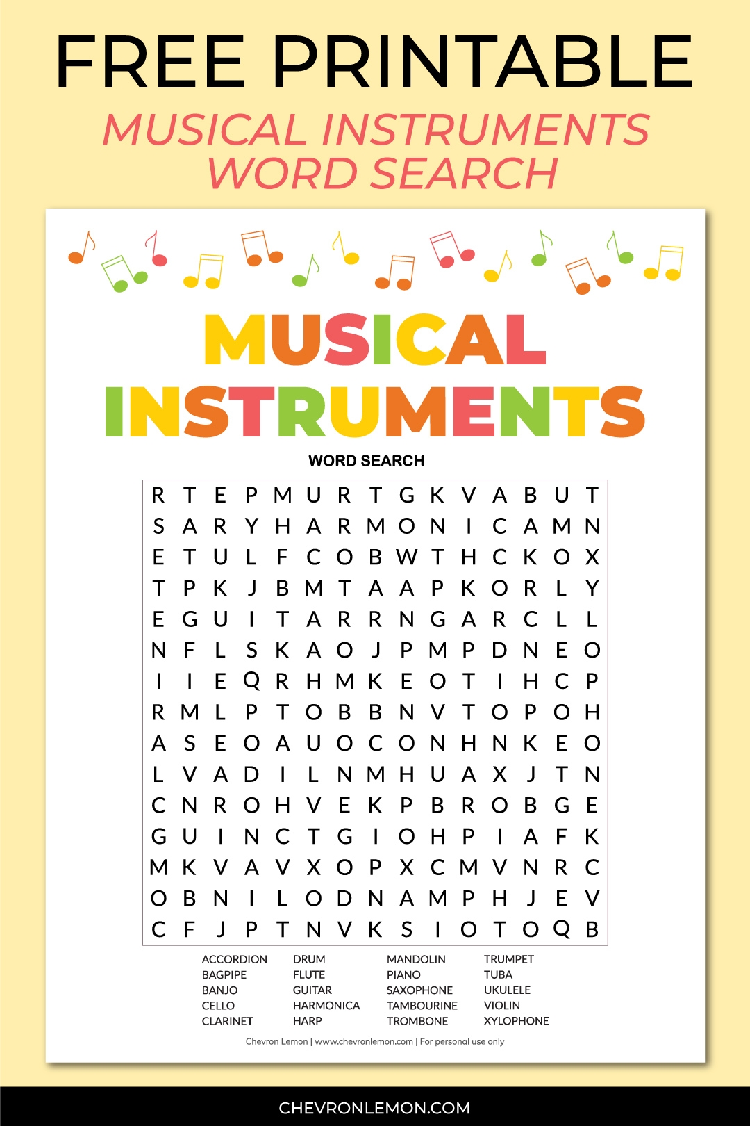 Printable Musical Instruments Word Search Chevron Lemon