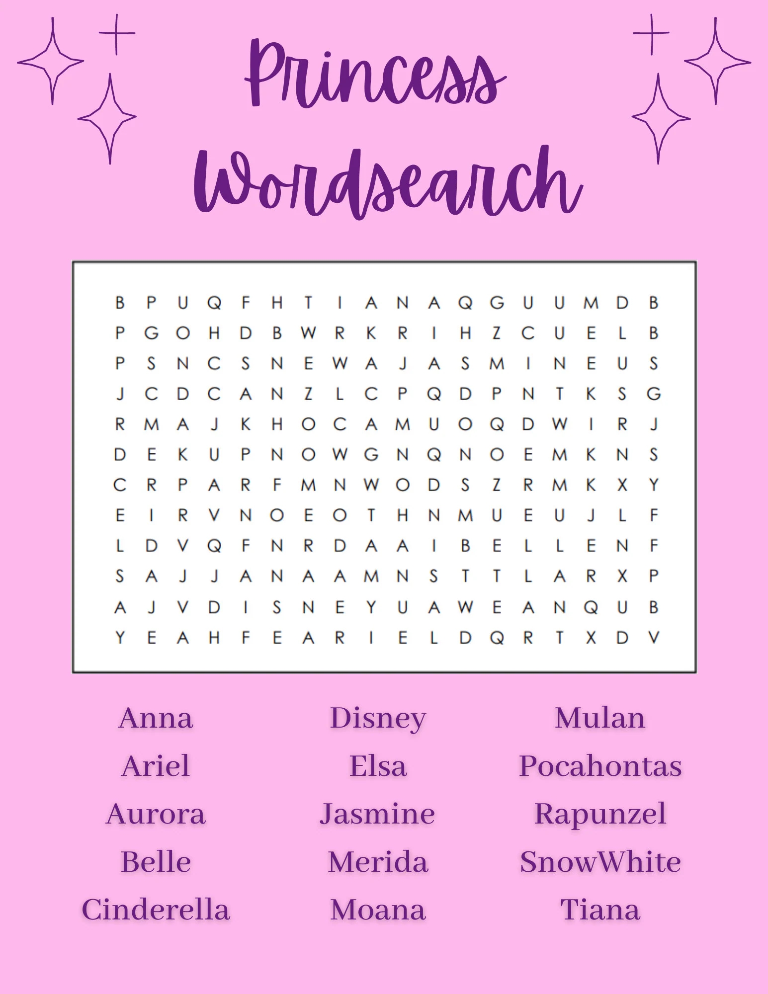 Printable Princess Word Search Two Color Options Princess Party Games Etsy