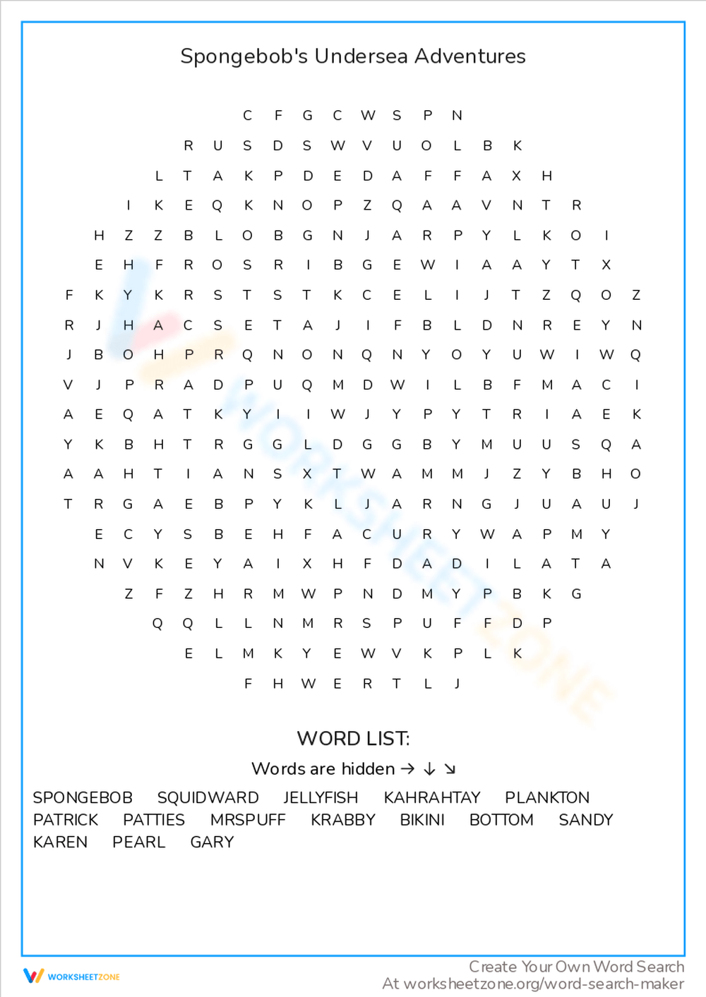 printable spongebob word search worksheets