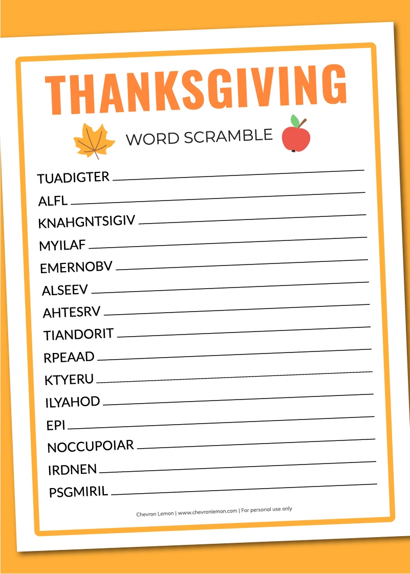 Printable Thanksgiving Word Scramble Chevron Lemon