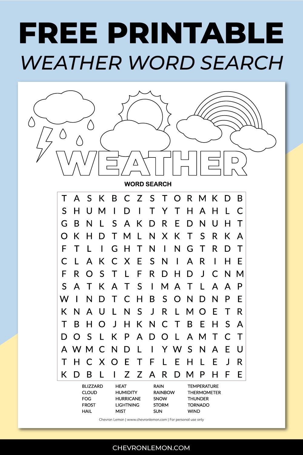 Printable Weather Word Search Chevron Lemon