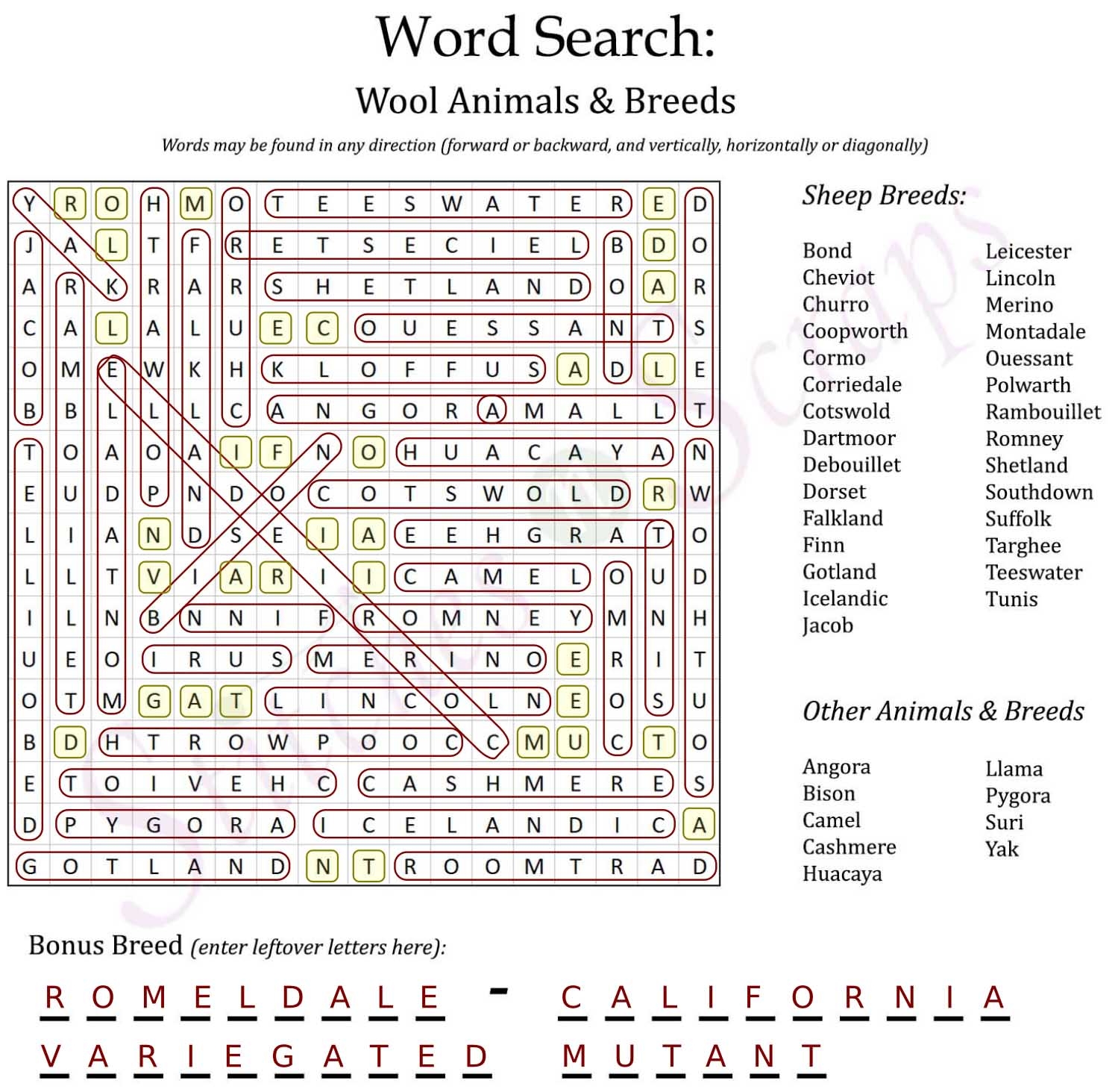 Puzzle 1 Word Search Wool Animals Breeds Stitches N Scraps