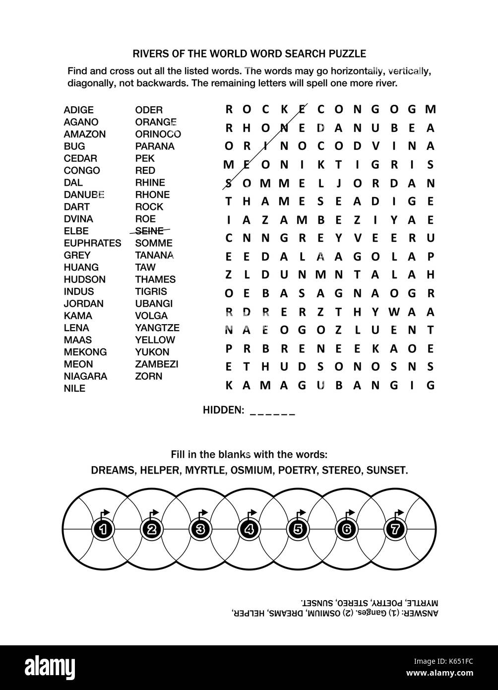 Puzzle Page With Two Word Games English Language Rivers Of The World Word Search Puzzle And Fill The Wheels Black And White Stock Vector Image Art Alamy