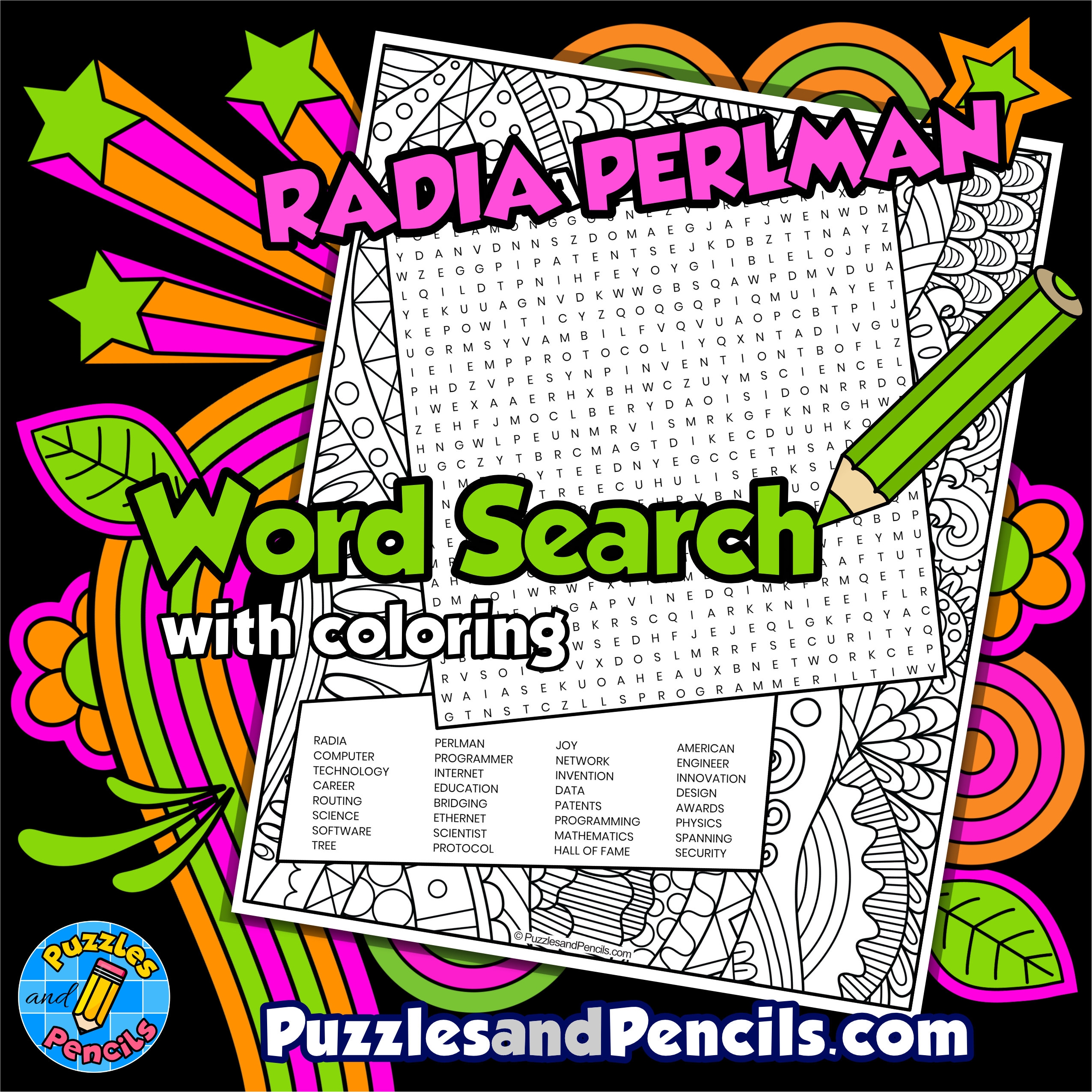 Radia Perlman Word Search Puzzle Activity Page With Coloring Women In STEM Wordsearch Made By Teachers