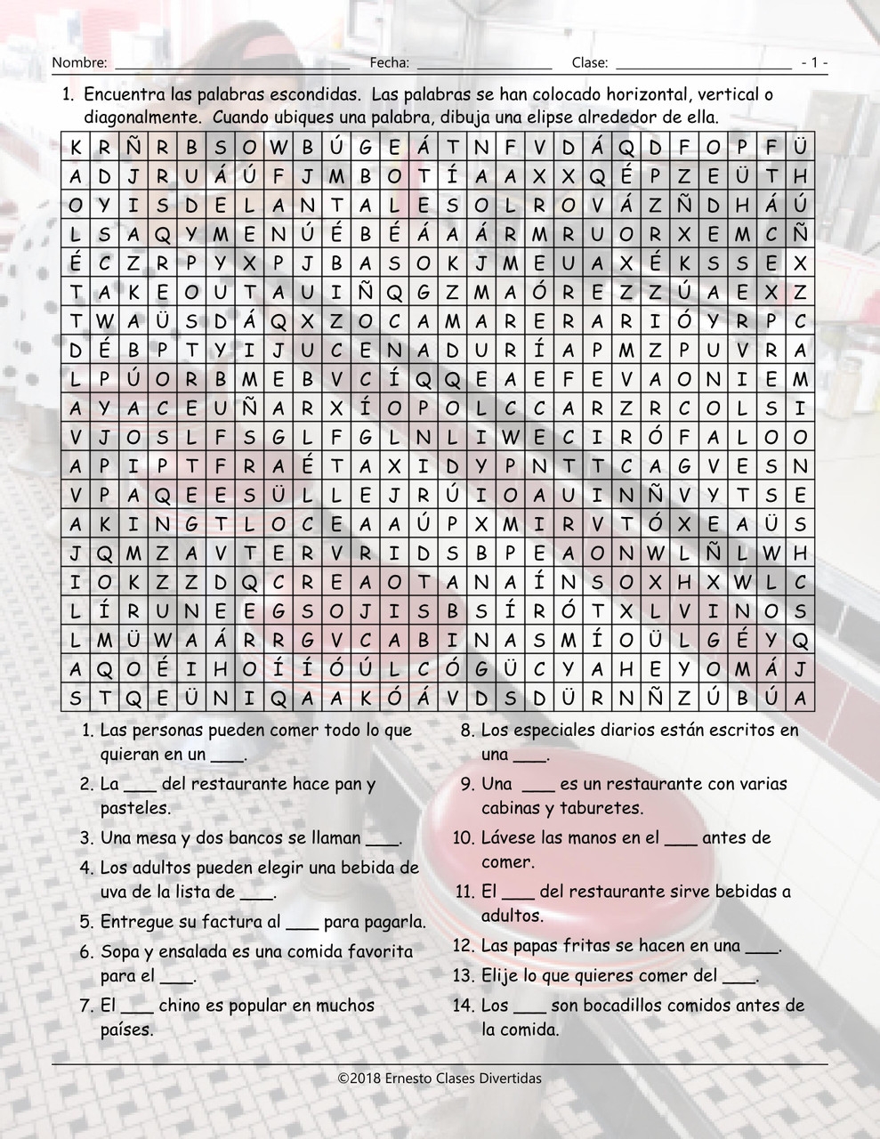 Restaurant Things And Activities Spanish Word Search Worksheet Worksheets Library