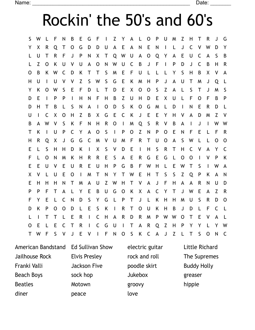 Rockin The 50 s And 60 s Word Search WordMint