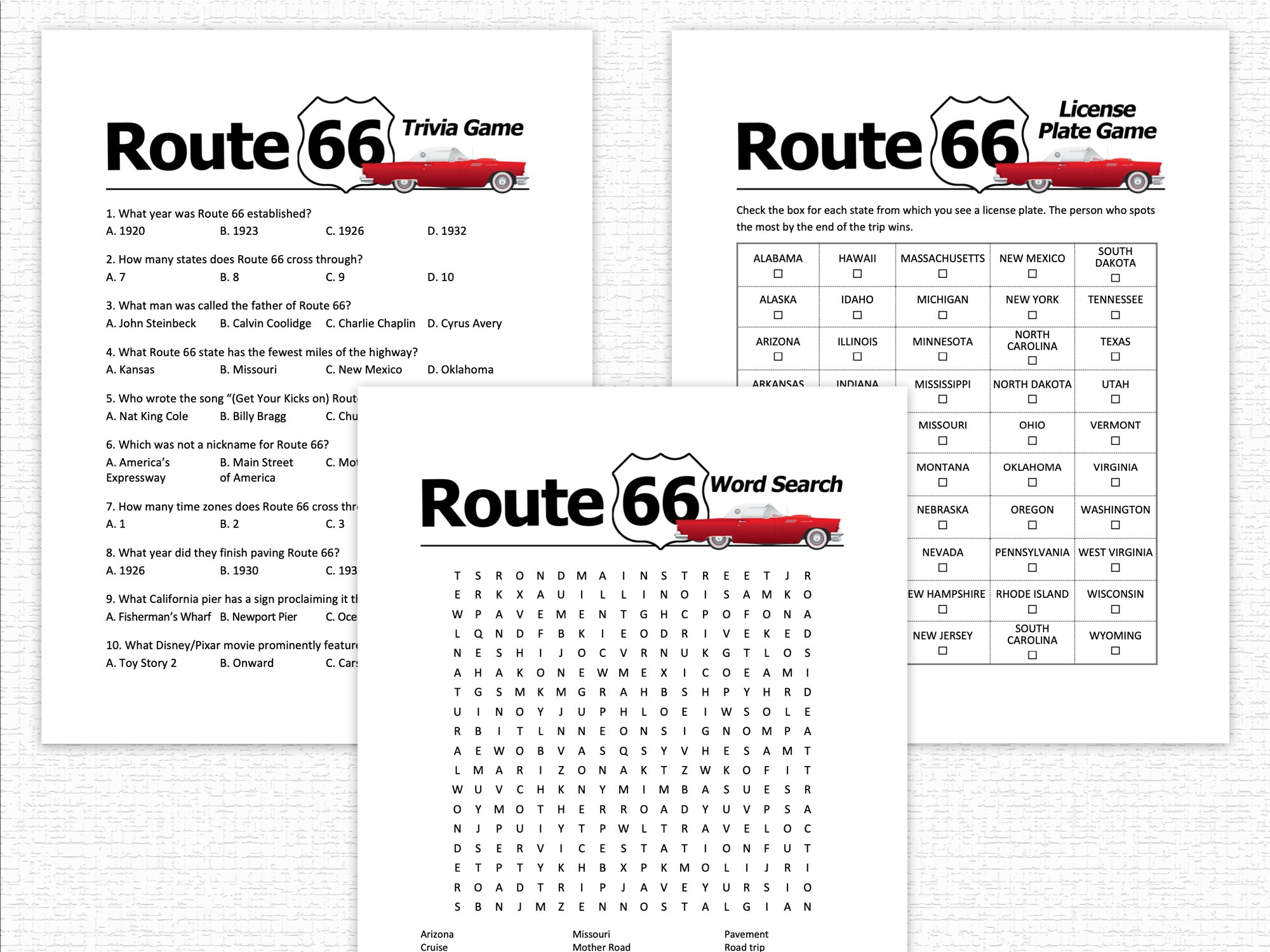 Route 66 Road Trip Game Printable Bundle Vacation Trivia Quiz Word Search Fact Or Fiction Match Game PDF Kids Activity Etsy