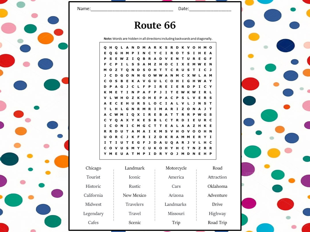 Route 66 Word Search Puzzle Worksheet Activity Teaching Resources