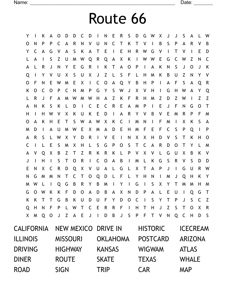 Route 66 Word Search WordMint