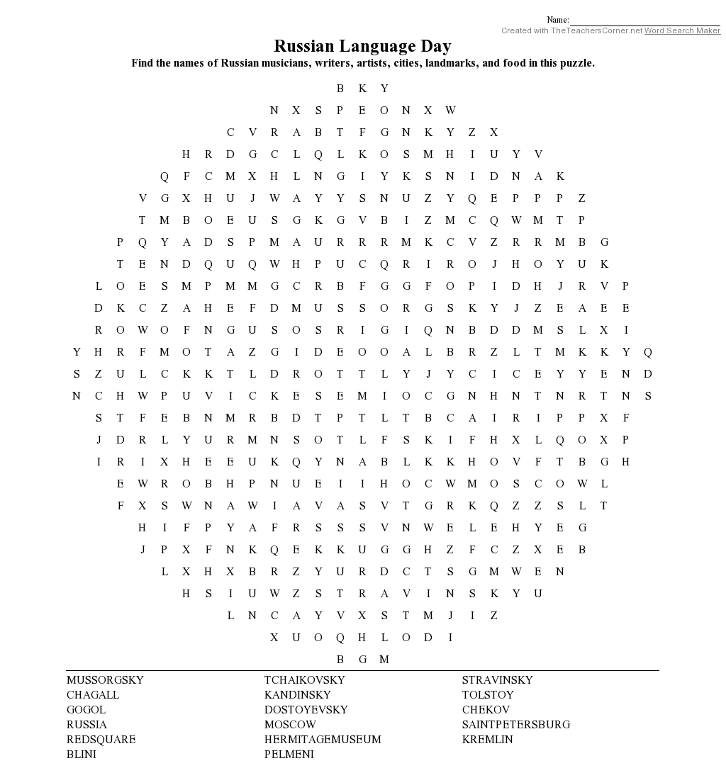 Russia Themed Word Search Russia Themed Word Search