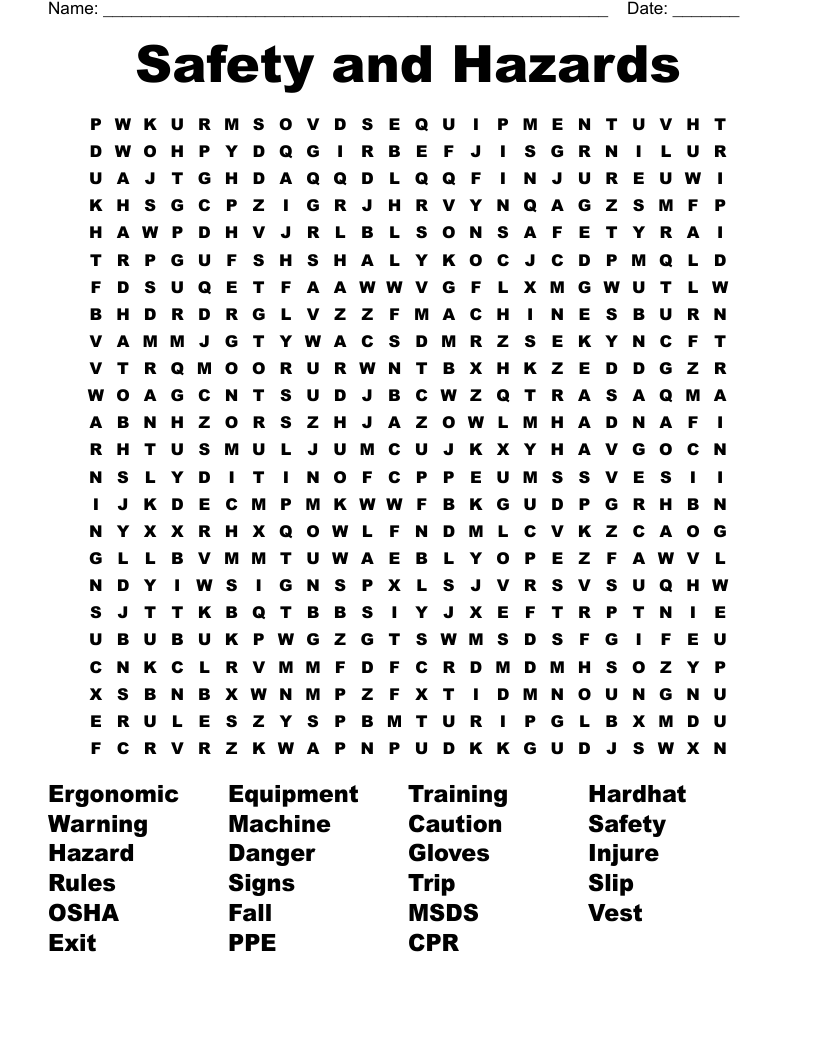 Safety And Hazards Word Search WordMint