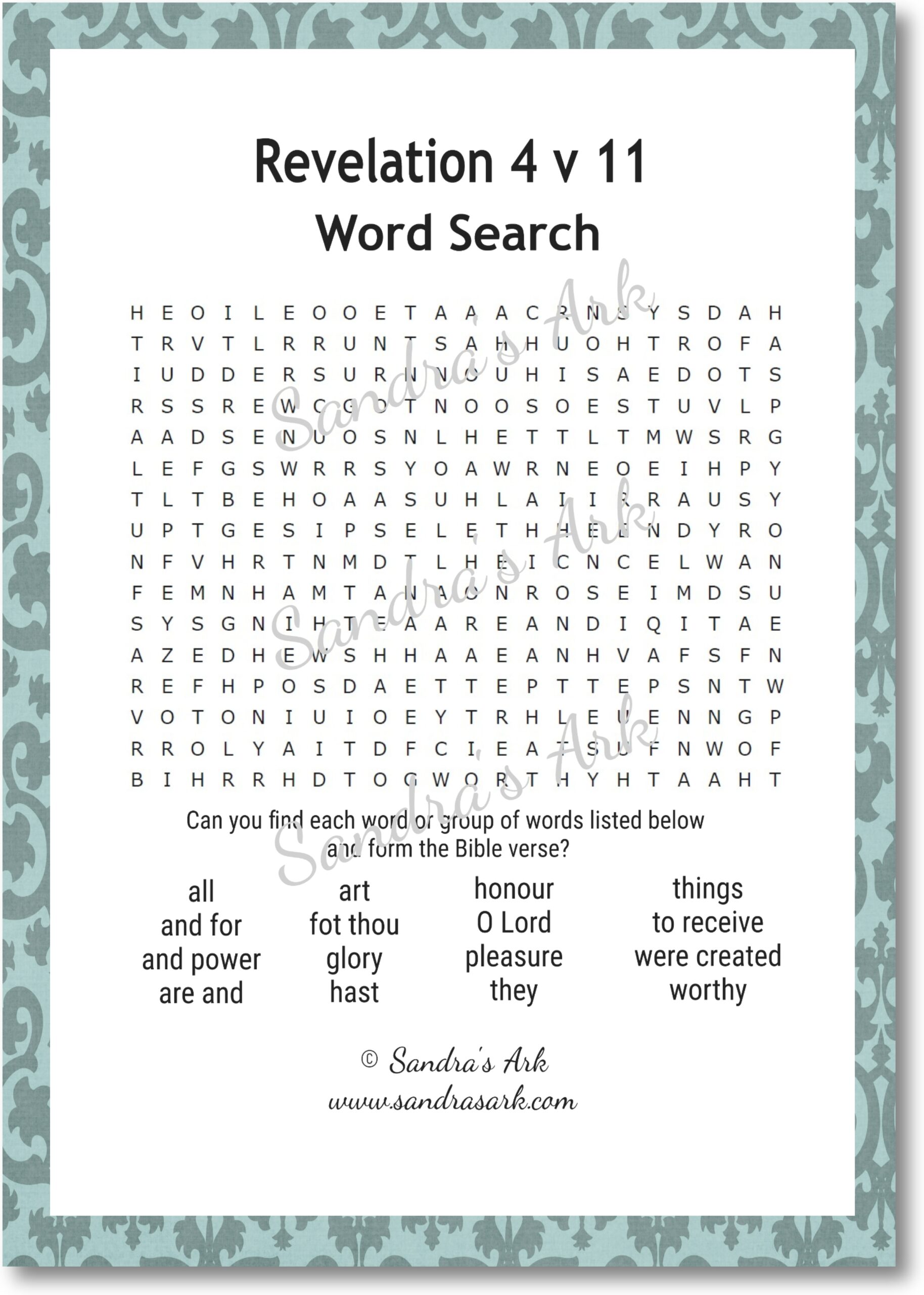 sandra s ark revelation 4 v 11 word search with free printable coffee conversation