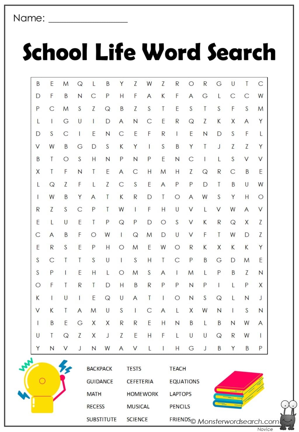 School Life Word Search Monster Word Search