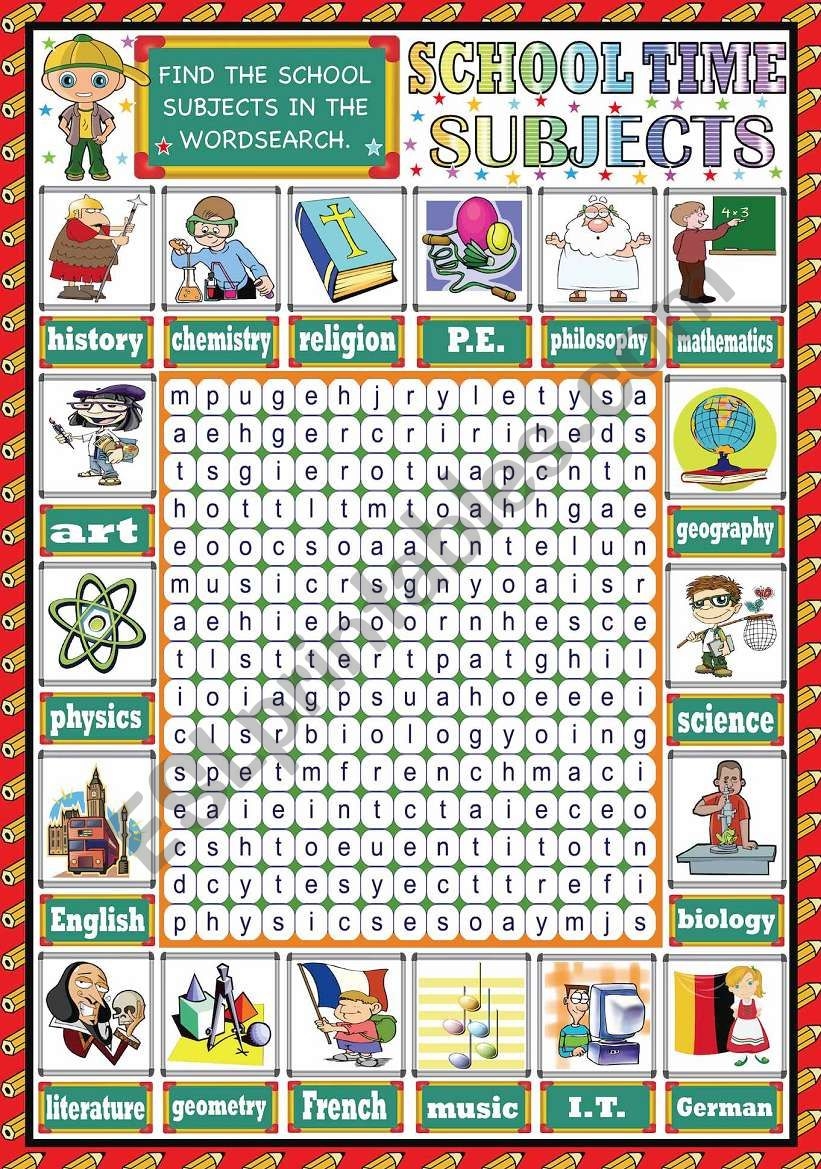 SCHOOL SUBJECTS PICTIONARY WORDSEARCH ESL Worksheet By Katiana
