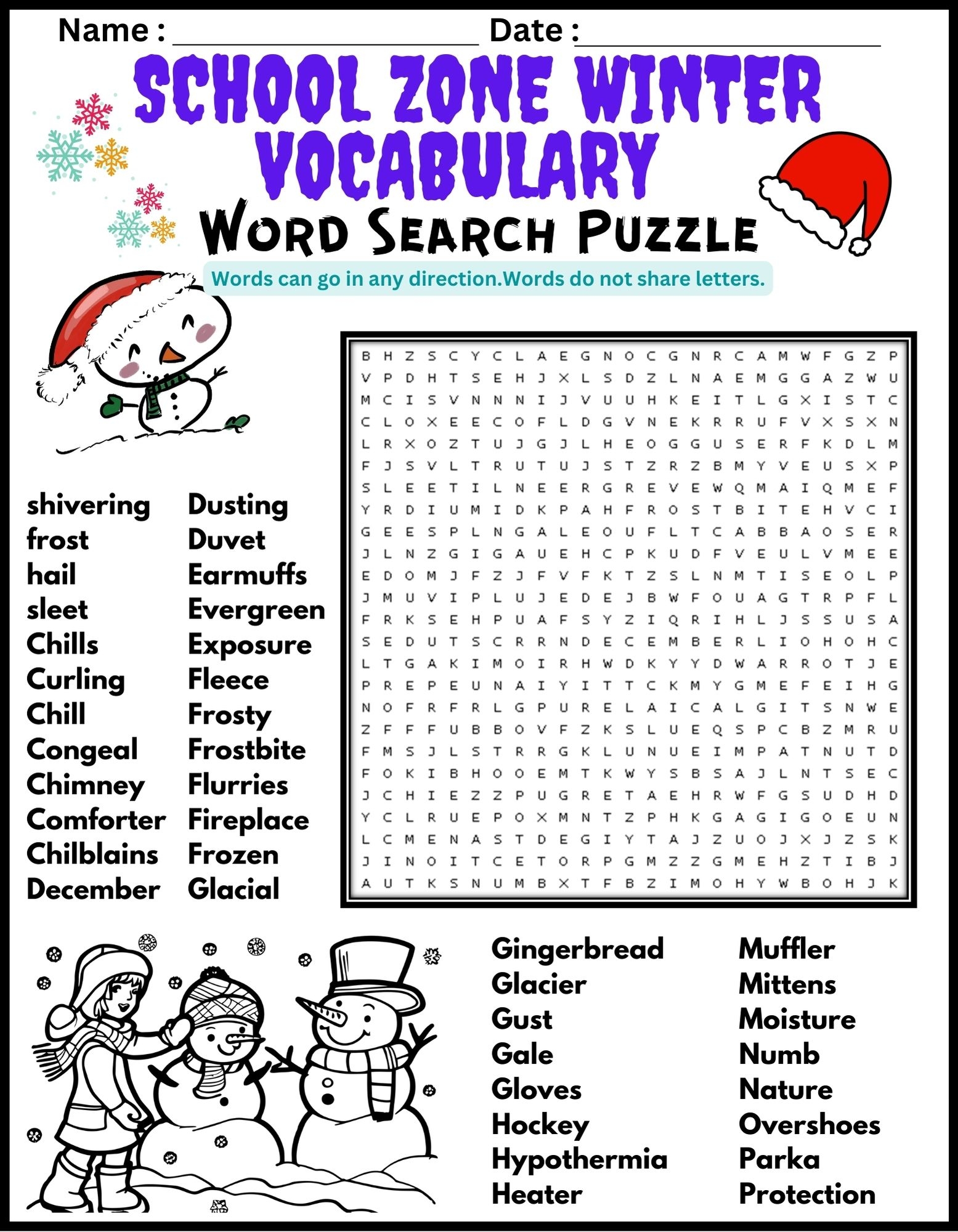 SCHOOL ZONE WINTER VOCABULARY Word Search Puzzle Worksheet Activity Made By Teachers