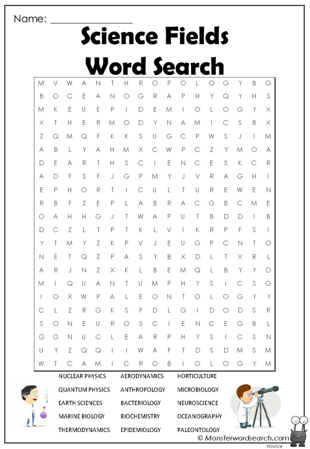 Science Fields Word Search Monster Word Search