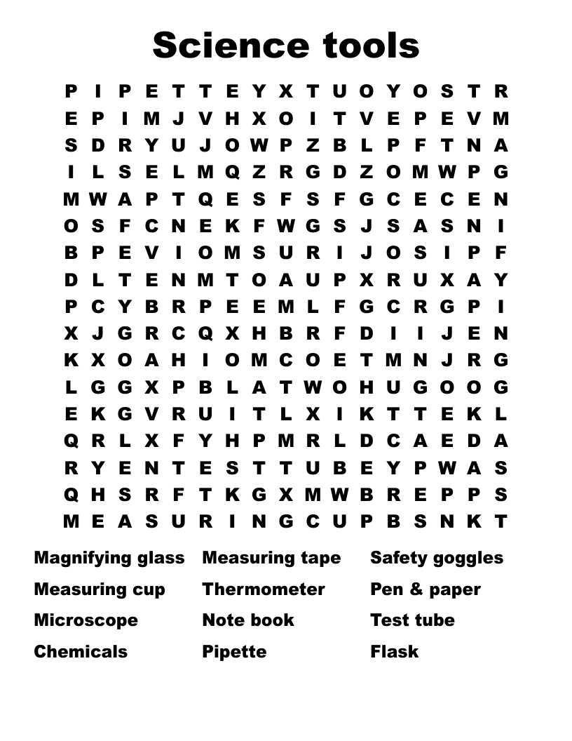 Science Tools Word Search WordMint