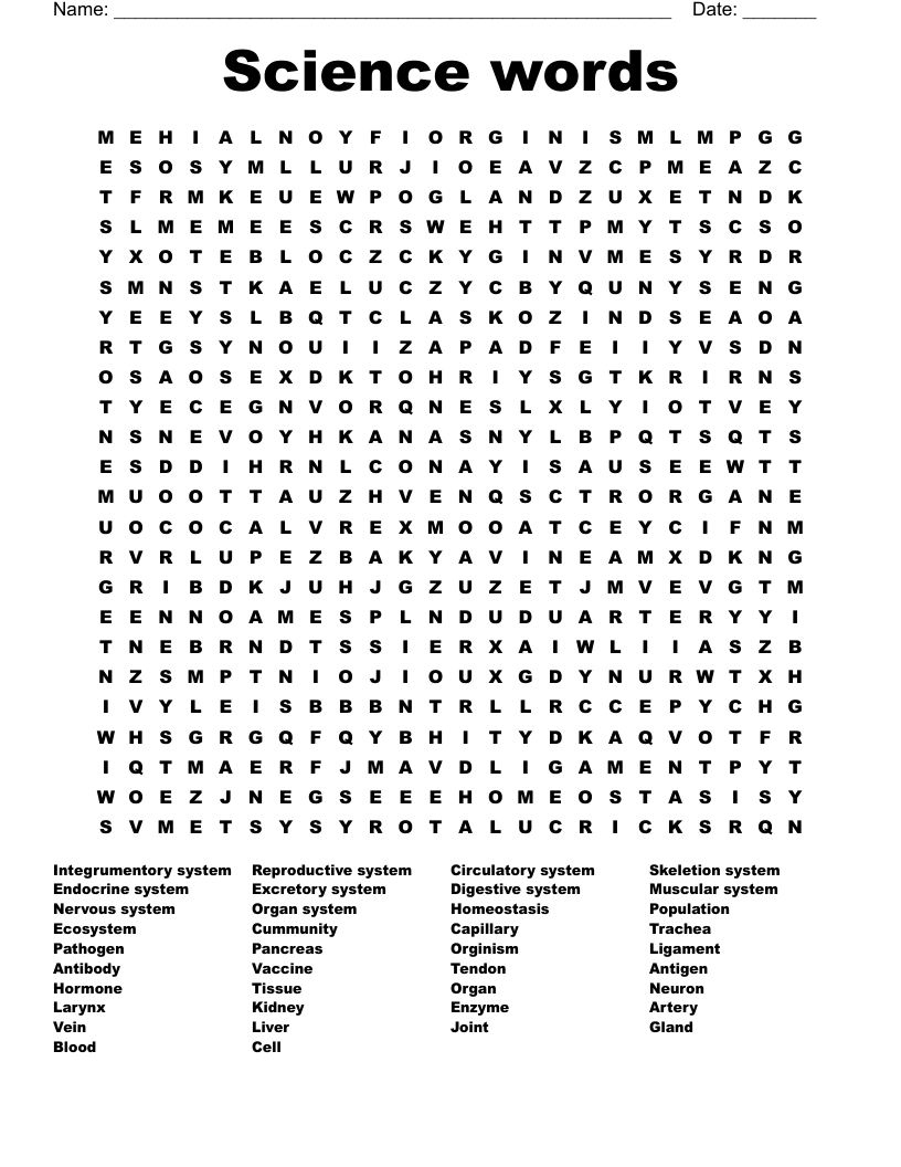 Science Words Word Search WordMint