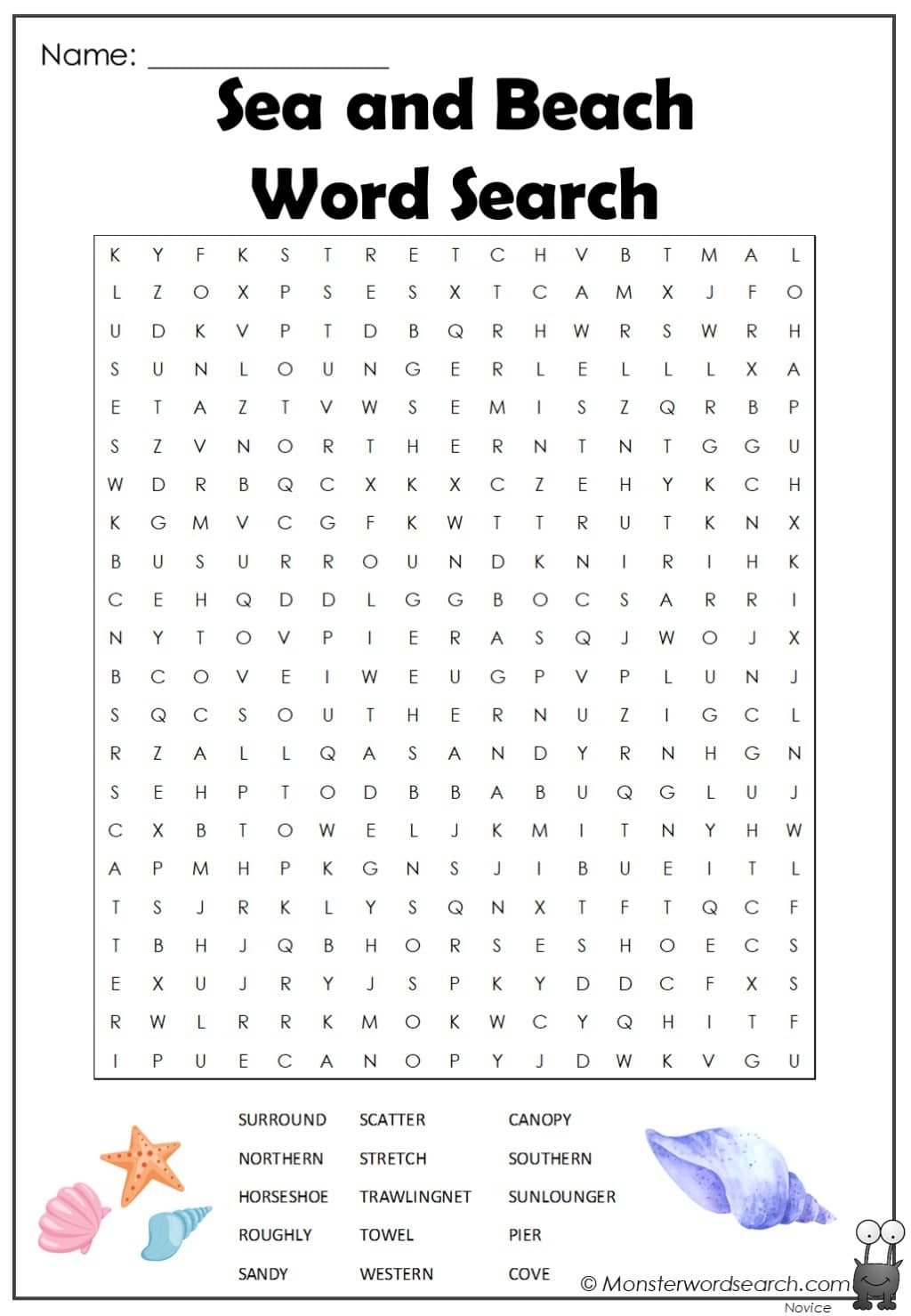 Sea And Beach Word Search Monster Word Search