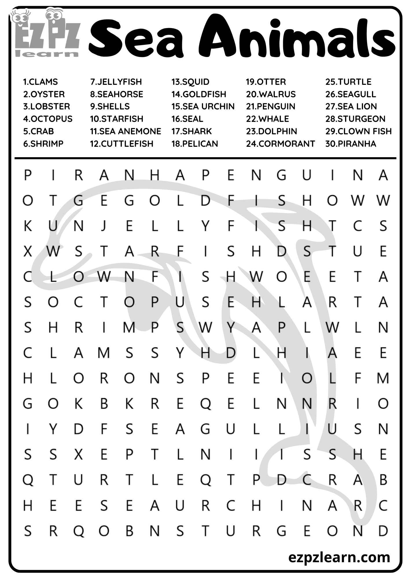 Sea Animals Sea Creatures Vocabulary Word Search For Kids And English Language Learners 30 Words Free PDF Download Ezpzlearn