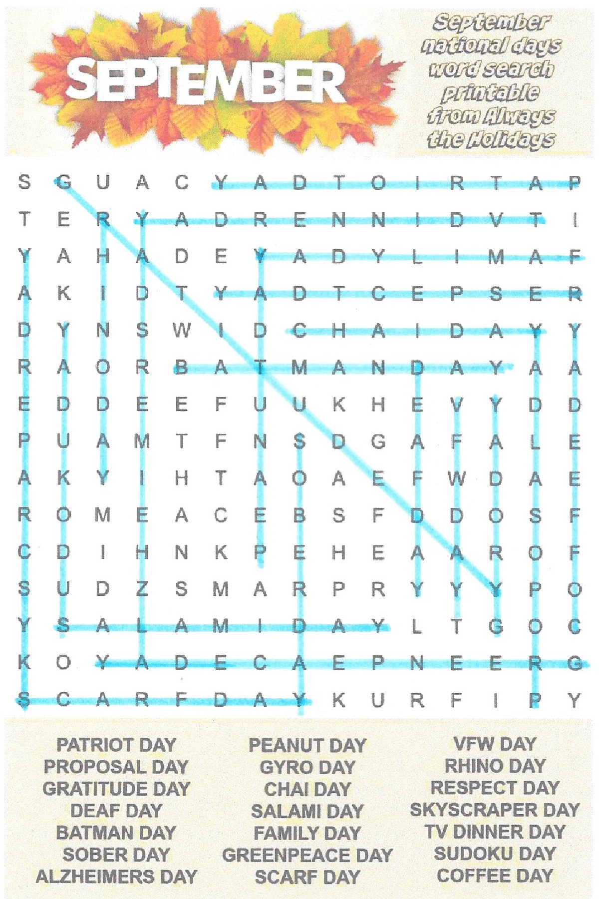 September Word Search Printable Free National Days Word Find