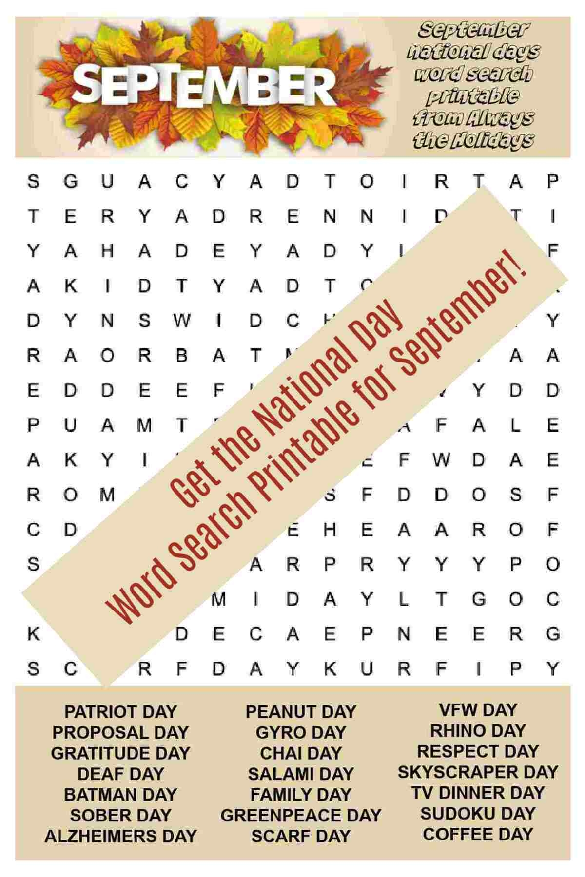 September Word Search Printable Free National Days Word Find