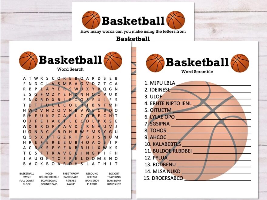 Set Of 3 Basketball Games Word Search Word Scramble Anagram Basketball Party Game Printables Basketball Printables Etsy